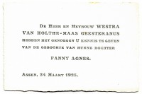 Geboortekaartje F.A. Westra van Holthe (1925)